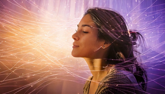 take a deep breath girl with purple and amber background